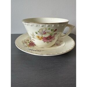 Vintage Crooksville China Colorful Pink  Floral Coffee Tea Cup And 7"‎ Saucer
